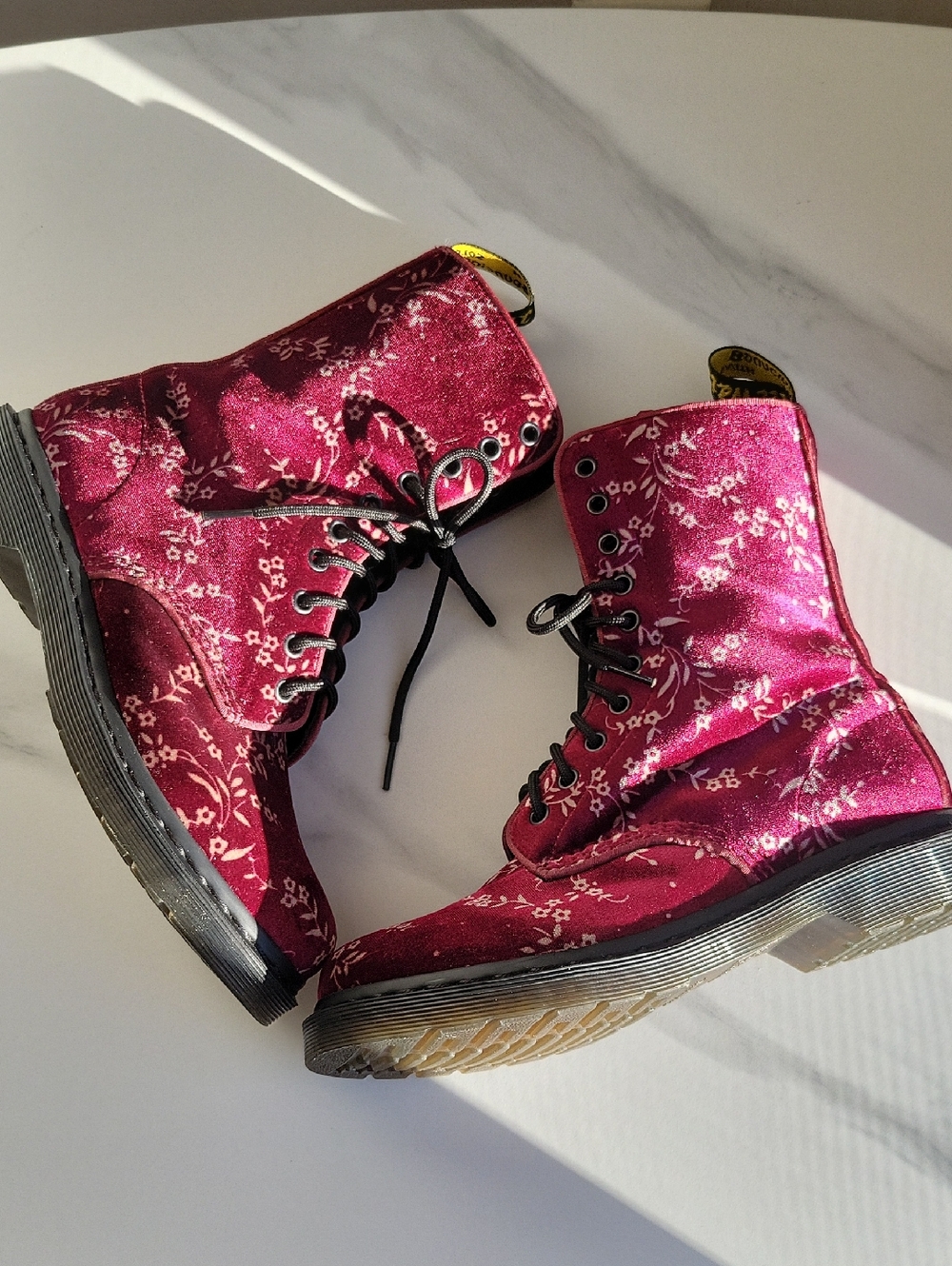 Rare Vintage Dr. Martens Avery Cheery Red Floral Velvet Combat Boots - Picture 7 of 14
